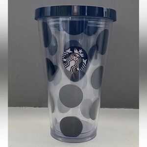 2014 STARBUCKS Black Polka Dots 16 Oz Cold Cup Tumbler Clear BPA Free No Straw